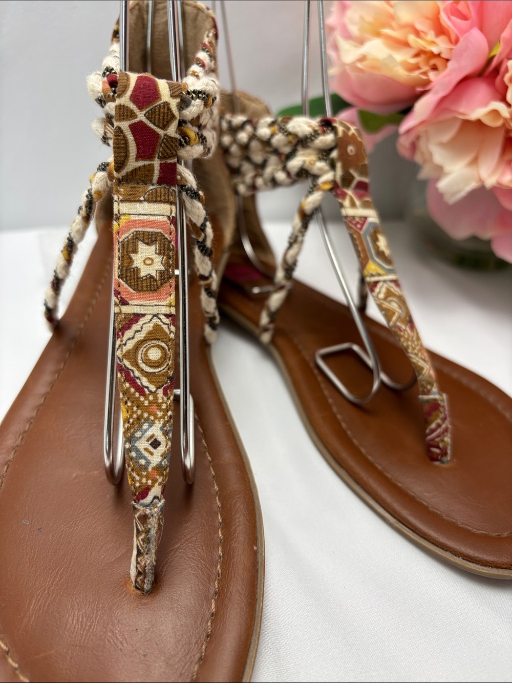 bp Womens 6 Multi Texture Brown and Beige Braided T-Strap Sandals#475